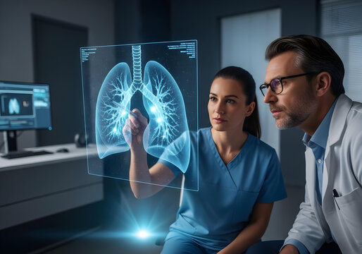 Medical professionals collaborate using advanced holographic technology to analyze a detailed 3d projection of human lungs