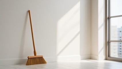 A wooden broom leaning against a clean white wall in a sunlit modern room with a view