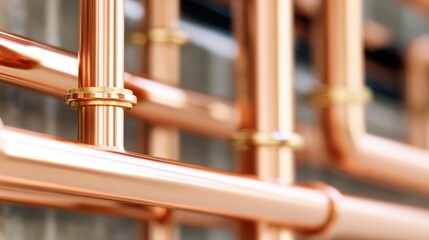 Close-up view of interconnected copper pipes showcasing intricate plumbing installation against a textured wall