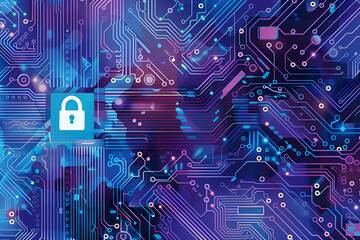 Obraz premium Futurystyczne tło technologiczne z ikoną kłódki, symbolizujące cyberbezpieczeństwo, ochronę danych i prywatność w internecie.