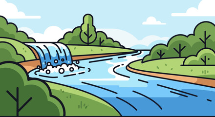 Stylized scenic vista featuring a waterfall cascade in a tranquil landscape