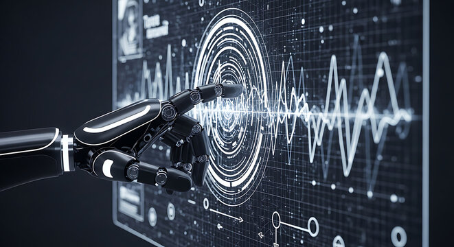 Robotic arm interacting with a digital interface displaying waveforms and graphical data points ai generated