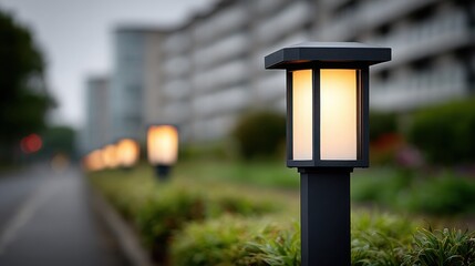 A row of street lights are lit up on a rainy day