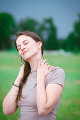 Fototapeta premium girl in summer meadow in grass. Concept of female dreams, success, travel, flight