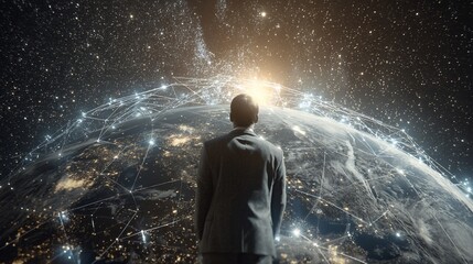 Obraz premium Business Person Observes Global Network and Data Connections from Earth's Surface