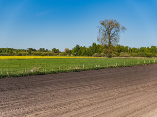 A rural landscape with a plowed empty field at the beginning of spring