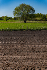 A rural landscape with a plowed empty field at the beginning of spring