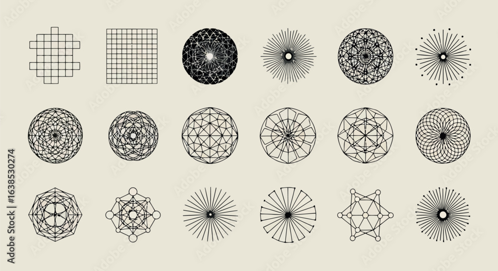 Poster vector art of a collection of abstract geometric circular patterns and designs in black and white on