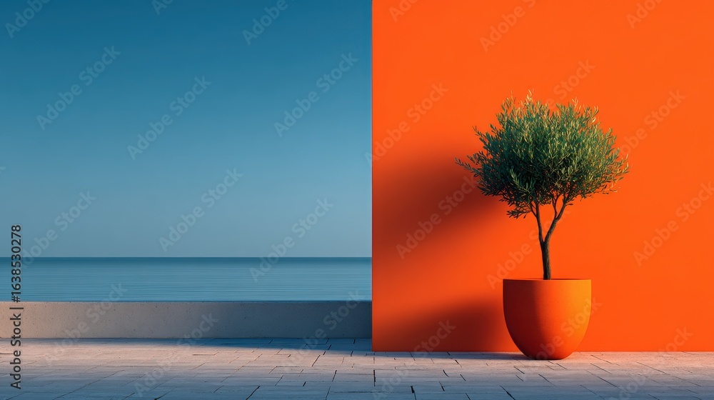 Poster A small tree is in a red pot and is placed in front of a wall
