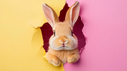 cute rabbit peeking through a torn paper in yellow and pink background
