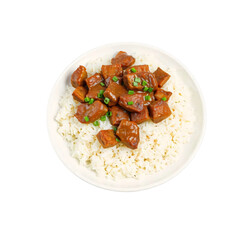 Fototapeta premium Rice and beef on plates isolated on transparent background
