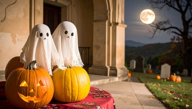 Halloween ghosts on pumpkins at a graveyard