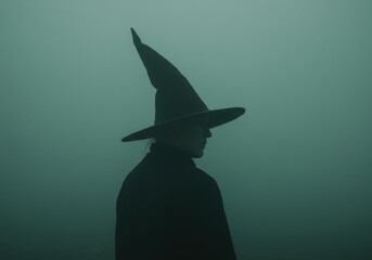 Witch silhouette with pointed hat in profile against teal green gradient background. Mysterious female figure in atmospheric lighting. Halloween costumes, witch accessories, horror entertainment