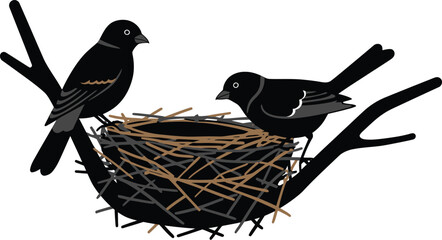 A charming vector illustration of two birds perched on a branch, guarding their empty nest. This image symbolizes family, new beginnings, and the nurturing aspect of nature.