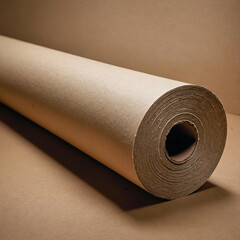 Closeup of a roll of brown kraft paper on a brown surface in studio