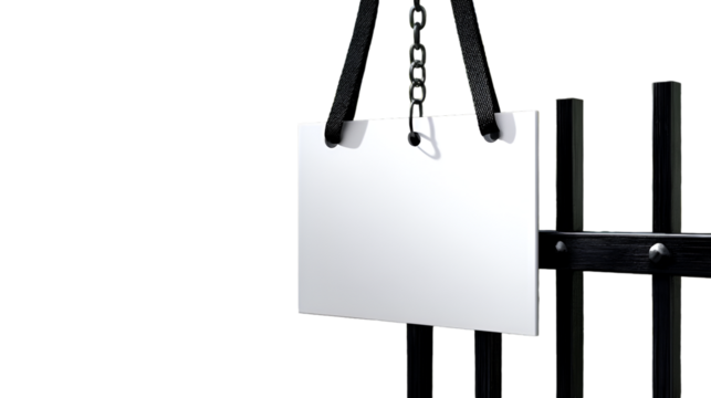 Blank white sign hanging in front of jail bars isolated on transparent background