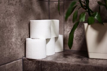 Multiple rolls of soft toilet paper stocked in a public restroom, ready for guests in a...