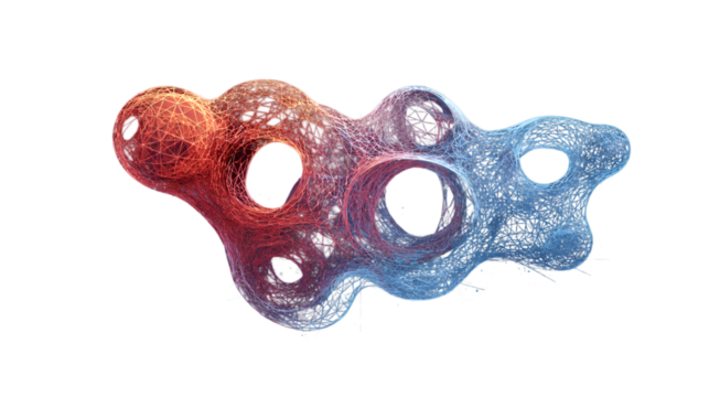 Abstract red and blue fiber art isolated on transparent background with complex texture