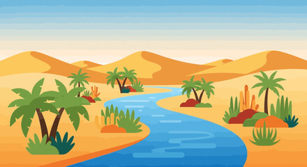 Obraz premium Oasis Serenity: A tranquil desert landscape illustration with winding river