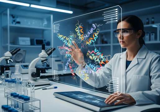 Scientist in a modern laboratory interacts with a complex holographic display of molecular structures