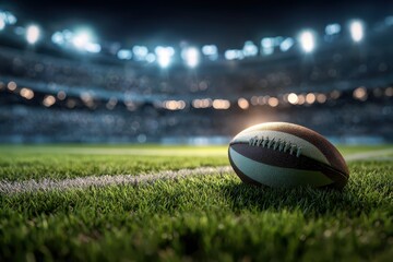 Rugby ball resting on grass in an illuminated stadium with vibrant lights during a night match