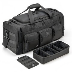 Durable black tactical duffel bag with multiple compartments and organizer