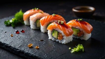 A beautifully arranged sushi platter featuring salmon and avocado rolls on a slate board.