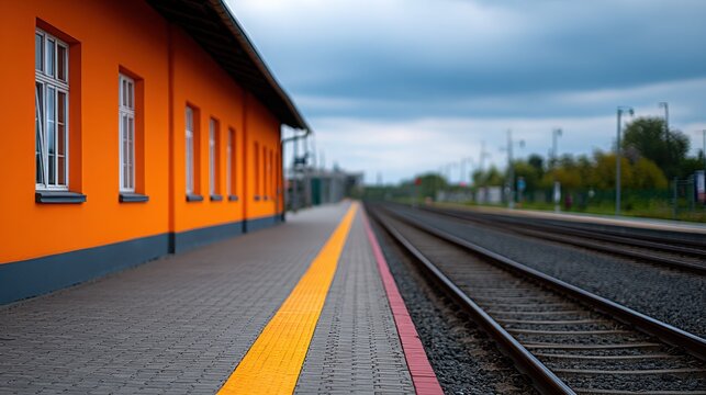 A train station with orange buildings and a red line on the ground - Powered by Adobe