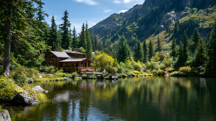 Mountain lake house, scenic view, summer