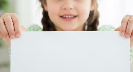 A young girl, smiling and with her hair in braids, is holding a blank white piece of paper. Her hands are at the top corners of the paper.