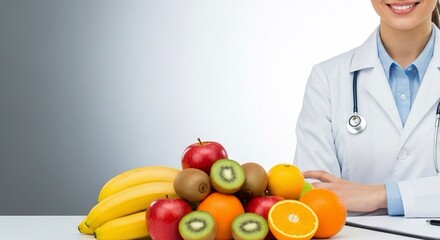 A healthcare professional wearing a white coat and a stethoscope is seated next to a large pile of assorted fruits, including bananas, apples, kiwis, and oranges.
