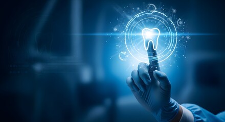 Generative AI of Dentist Touching a Glowing Tooth Icon on a Virtual Interface, Dental Technology Concept