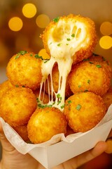  Golden fried cheese balls with melted cheese stretch, garnished with fresh parsley, served in a paper tray. Perfect for food photography, snack ads, and menu design.