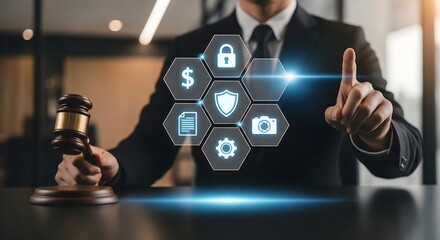 Generative AI of a Lawyer with Gavel Interacting with a Virtual Interface of Security and Finance Icons