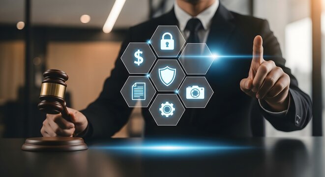 Generative AI of a Lawyer with Gavel Interacting with a Virtual Interface of Security and Finance Icons