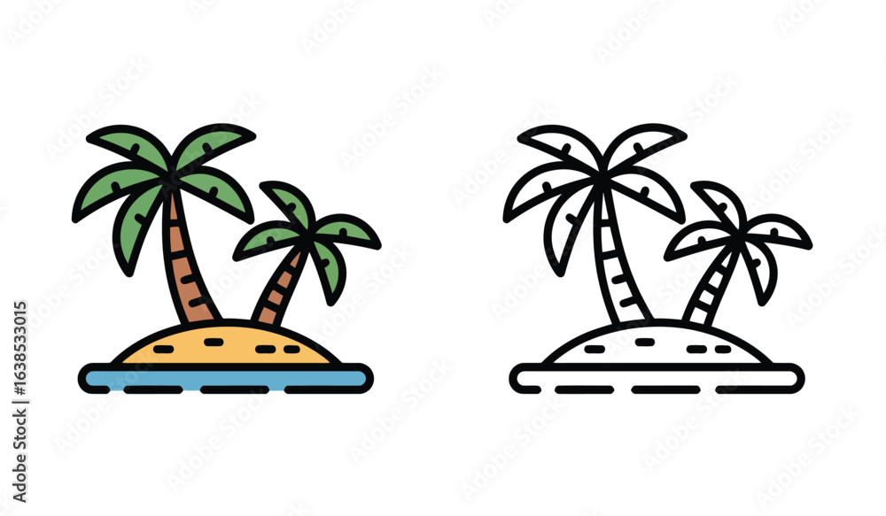 Poster Island Paradise with Palm Trees Colorful and Monochrome Illustrations Simple and Appealing Design