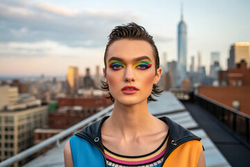 Vibrant portrait features rainbow makeup in urban setting. Soft, natural lighting highlights modern design. Great for editorial, beauty ads, and branding.