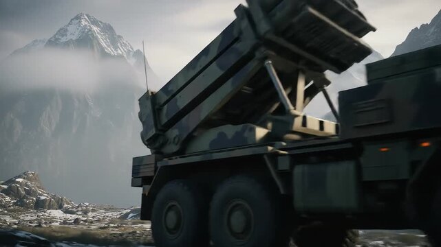 Powerful Military Rocket Launcher Vehicle Deployed in a Remote, Snowy Mountain Landscape