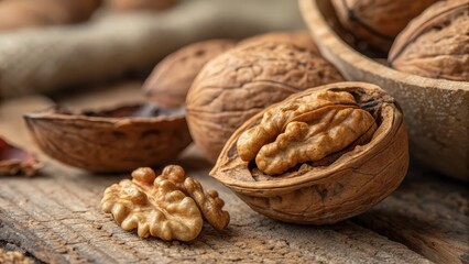 Close up of cracked walnuts on a wooden surface with a bowl of walnuts