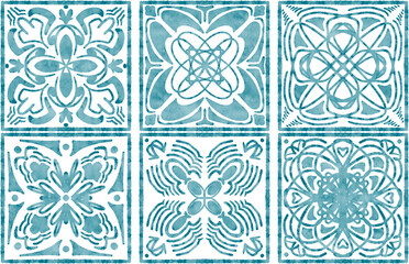 six tiles with blue watercolor patterns