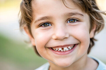 Brown-haired boy smiles, showing missing teeth. Perfect for dental hygiene, health, and childhood memories.