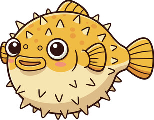 Obraz premium Cute yellow puffer fish cartoon vector illustration with spikes and big eyes
