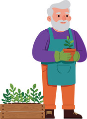 Elderly man gardening with green plants in wooden planter and holding pot vector illustration 