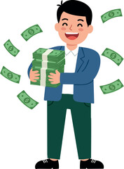 Young man happily holding stacks of money with flying bills around vector illustration 
