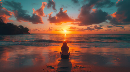 Serene Sunset Contemplation: Woman Seated on Beach Admiring Vibrant Horizon, Ocean Waves, Reflective Sands.