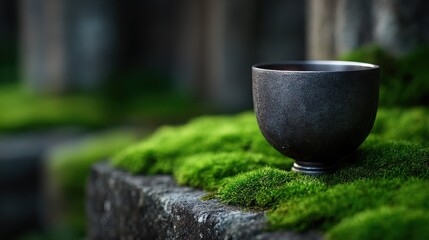 A black ceramic cup sits on a mossy stone ledge