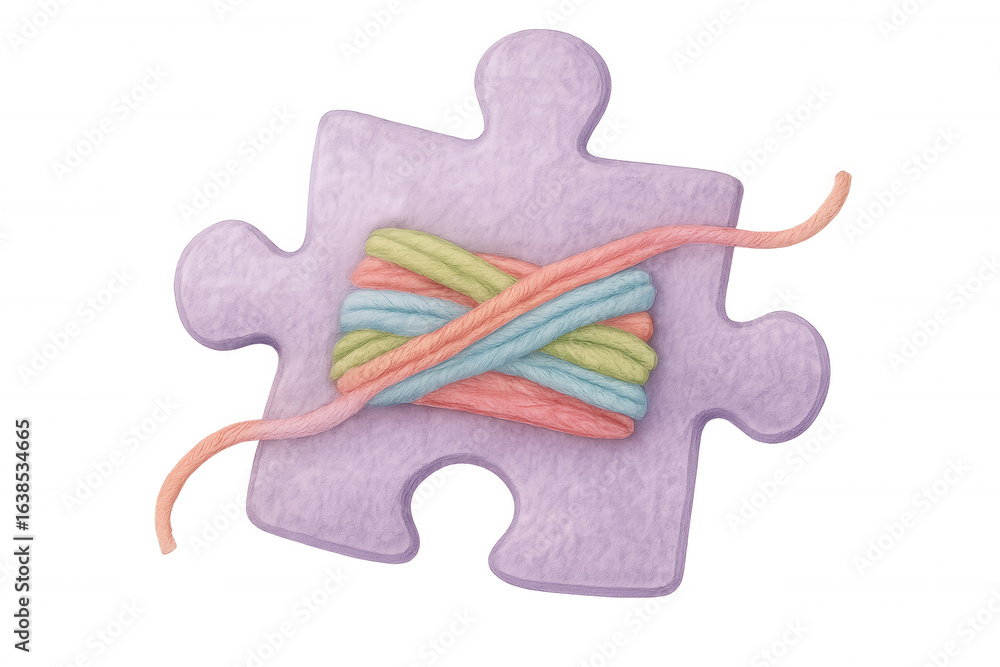Poster colorful threads interconnecting lone jigsaw puzzle piece, symbolizing collaborative problem-solving