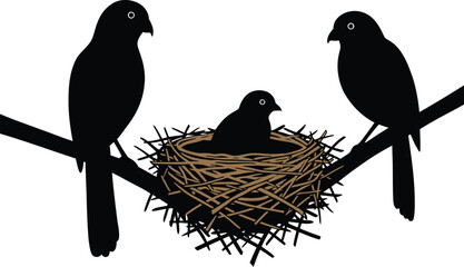 A simple yet powerful vector illustration of a bird family. Two adult birds and one fledgling are silhouetted on a branch with a nest, symbolizing home, protection, and new life in nature.
