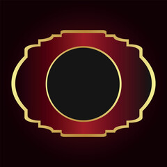 A decorative oval frame with a red shiny background and a gold border with a serrated edge. In the center of the frame is a black circular space.