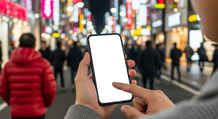 A person holds a smartphone with a blank screen, ready to tap it, while standing on a bustling, neon-lit city street at night.